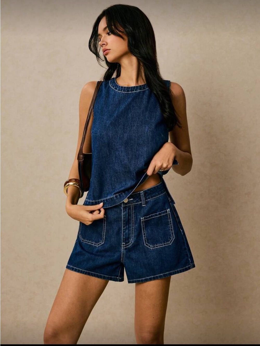 Women's Dark Blue Denim Tank Top & Short Set